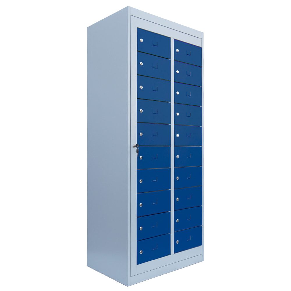 Verteilerschrank, Ausgabeschrank, Fächerschrank, Zentraltür, 2 Abteile, 20 Fächer, 1.800 x 740 x 500 mm (HxBxT), Korpus lichtgrau, Front enzianblau