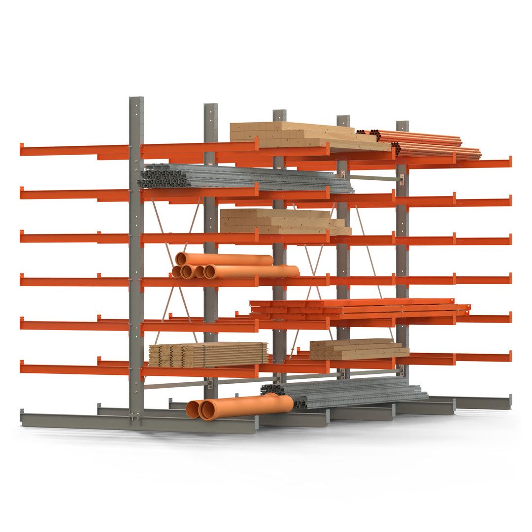 Doppelseitiges Kragarmregal, 2 Felder, 3.000 x 2.560 x 1.120 mm (HxBxT), Nutztiefe 500 mm, Kragarmlast 870 kg, KARL basic, silbergrau/reinorange