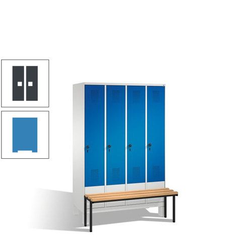 Stahl-Garderobenschrank, Spind, Buche Sitzbank vorgebaut, 4 Abteile a 300 mm, Korpus Lichtgrün, Tür Schwefelgelb, 1.850 x 1.200 x 815 mm (HxBxT)