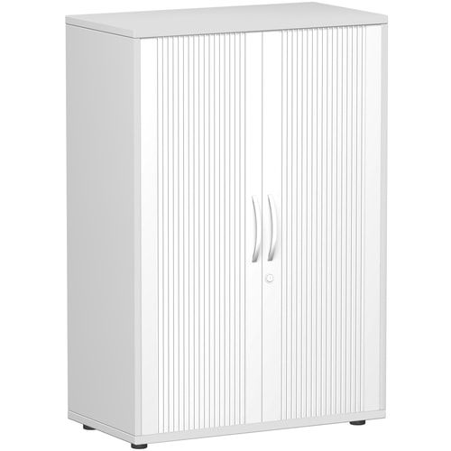 Querrollladenschrank, freistehend, 3 Ordnerhöhen, Schloss, Fachboden 32 mm Raster, 798 x 1.200 x 425 mm(HxBxT), Rollladen silber, Korpusfarbe Nussbaum