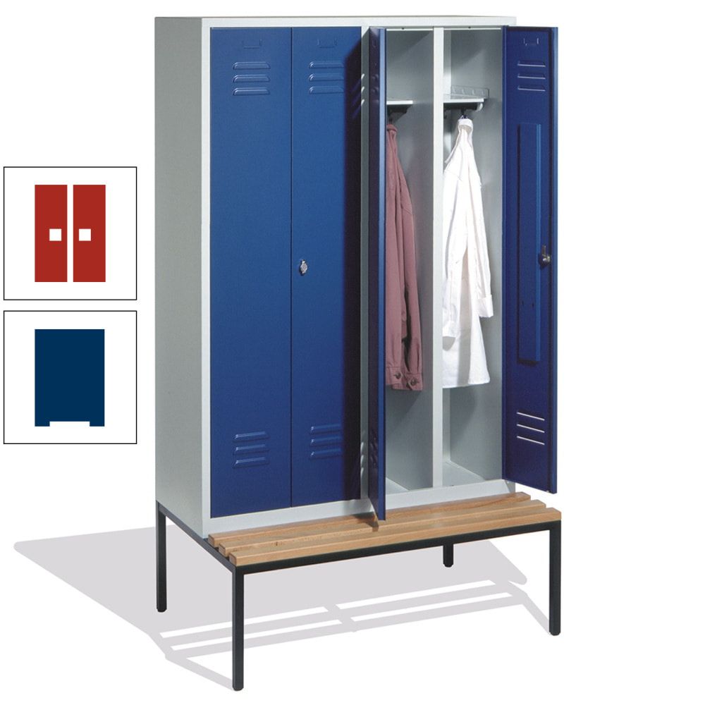 Doppel-Spindschrank, Buche Sitzbank untergebaut, 4 Abteile a 300 mm, Korpus lichtgrau, Tür anthrazitgrau, 2.090 x 1.190 x 815 mm (HxBxT)