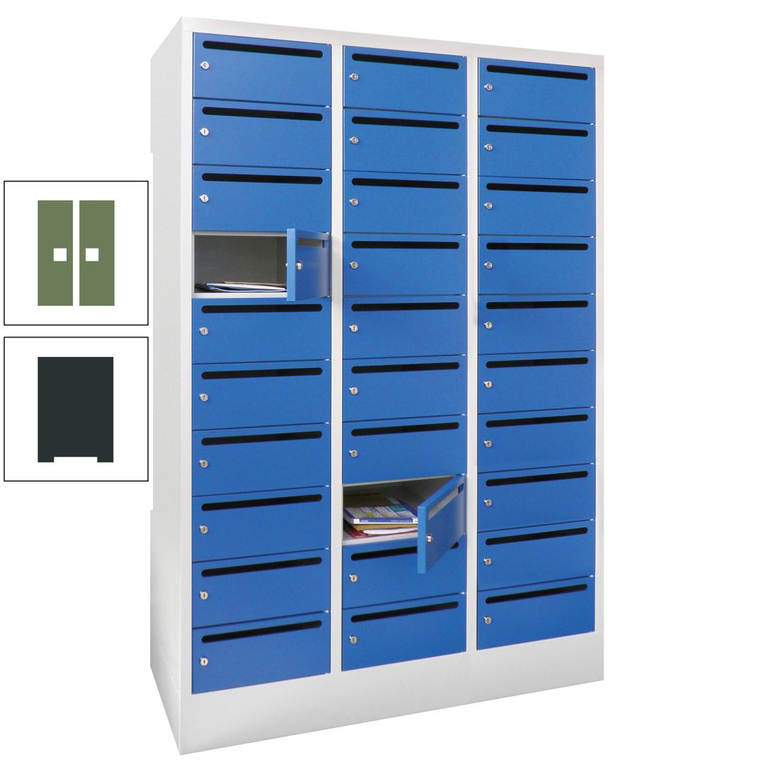 Postverteilerschrank, Schließfachschrank, 3 Abteile a 300 mm, 30 Fächer, 1.850 x 900 x 500 mm (HxBxT), Korpus anthrazitgrau, Front anthrazitgrau