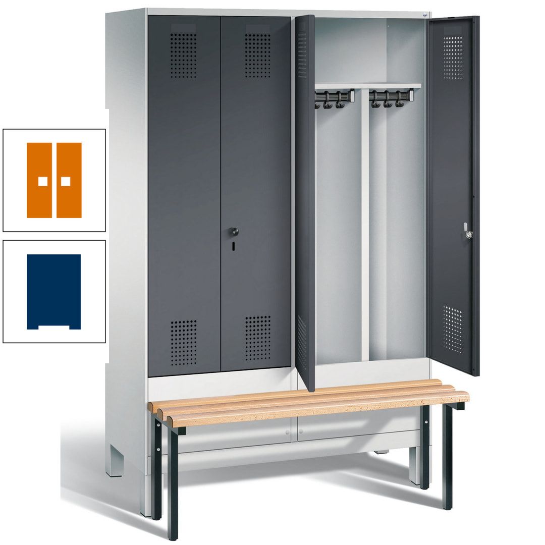 Doppel-Spind, Garderobenschrank, Buche Sitzbank vorgebaut, 4 Abteile a 300 mm, Korpus feuerrot, Tür Wasserblau, 1.850 x 1.200 x 815 mm (HxBxT)