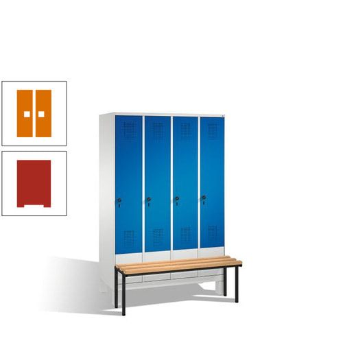 Stahl-Garderobenschrank, Spind, Buche Sitzbank vorgebaut, 4 Abteile a 300 mm, Korpus Lichtgrün, Tür Schwefelgelb, 1.850 x 1.200 x 815 mm (HxBxT)