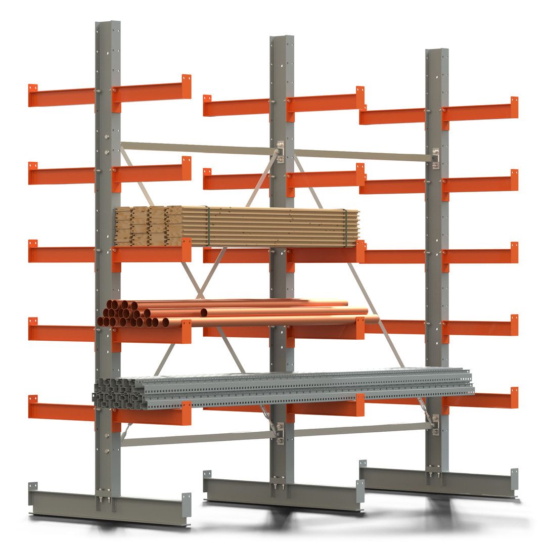 Doppelseitiges Kragarmregal, 2 Felder, 2.500 x 2.560 x 1.120 mm (HxBxT), Nutztiefe 500 mm, Kragarmlast 870 kg, KARL basic, silbergrau/reinorange