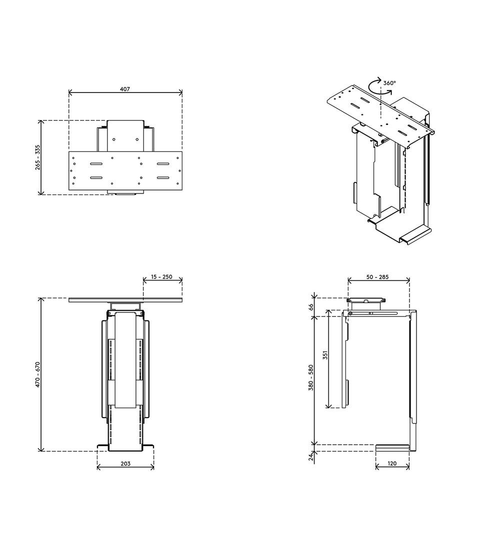 Computerhalterung - Computergehäuse-Halterung - PC-Halter - verstellbar - Farbe schwarz - Stahl - 360 Grad drehbar - 670 x 335 x 203 mm (HxBxT)