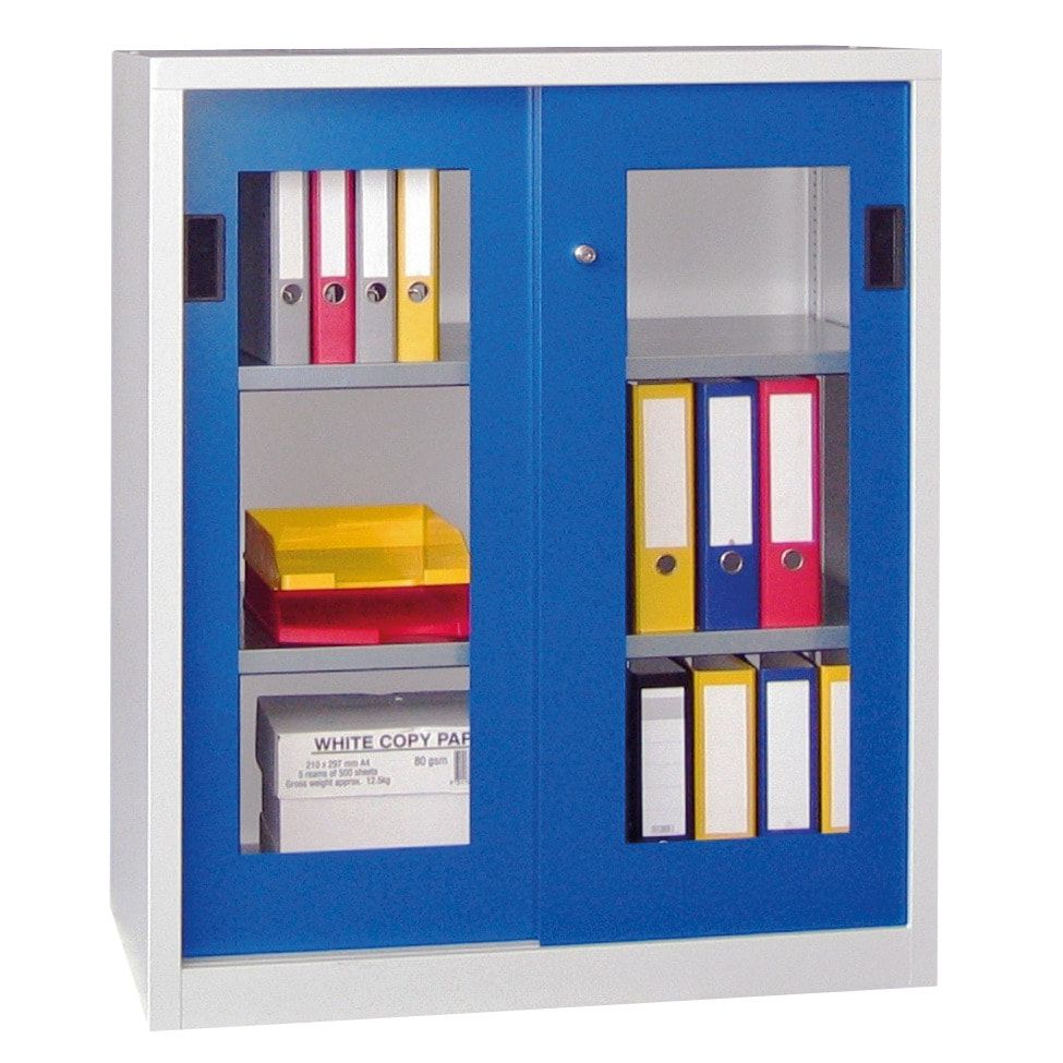 Schiebetürenschrank - Sichtfenstertüren - 1.000x1.500x600 mm (HxBxT) - 4 Böden, verzinkt - Zylinderschloss - anthrazitgrau
