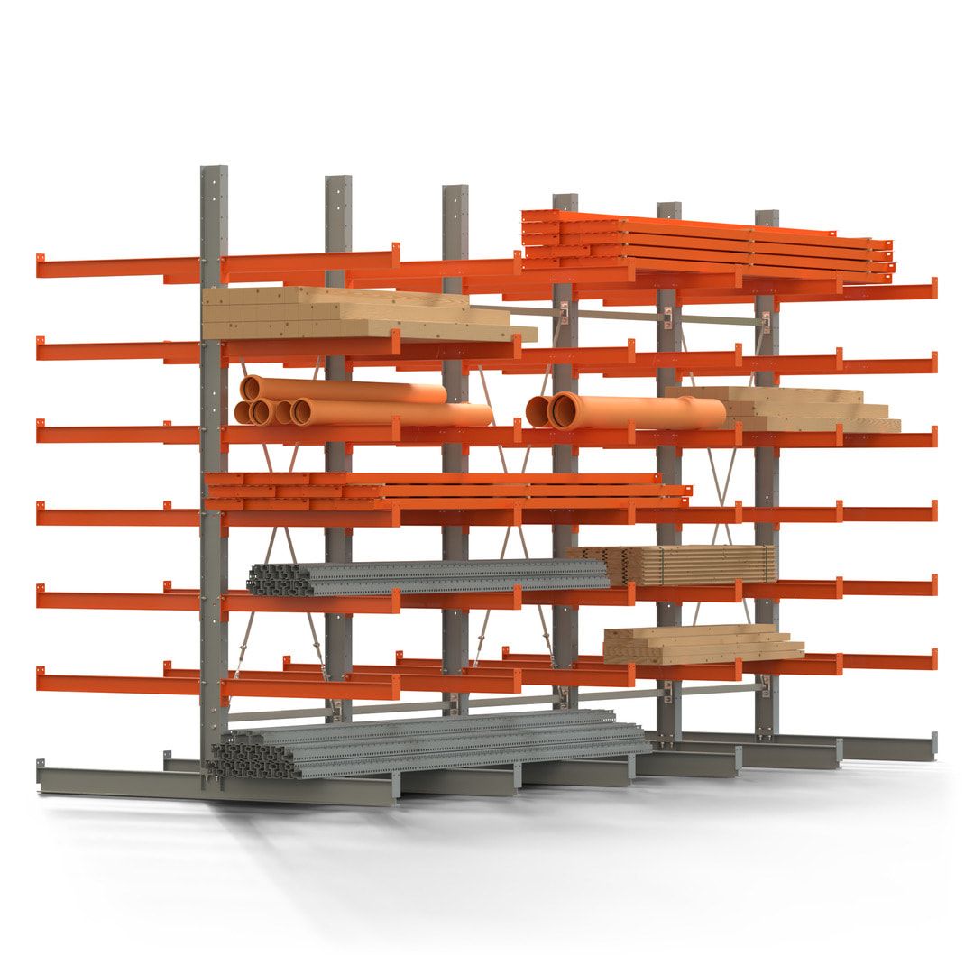 Doppelseitiges Kragarmregal, 2 Felder, 3.000 x 2.000 x 1.120 mm (HxBxT), Nutztiefe 500 mm, Kragarmlast 870 kg, KARL basic, silbergrau/reinorange
