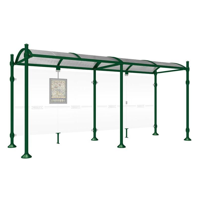 Buswartehalle, Unterstand, 2.500 x 2.500 x 1.600 mm (HxBxT), Kopfmodell Agora, ESG, Fahrplanschaukasten, Farbe enzianblau