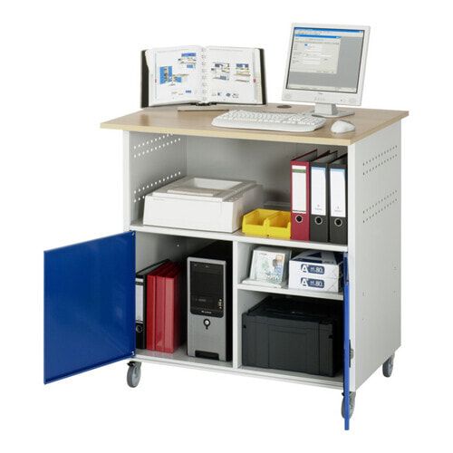 PC-Tisch, Buche-Dekor, mobil, 3-er Steckdose, Türen, Mitteltrennwand, Rollen, Doppellochraster, Schloss - Anthrazitgrau