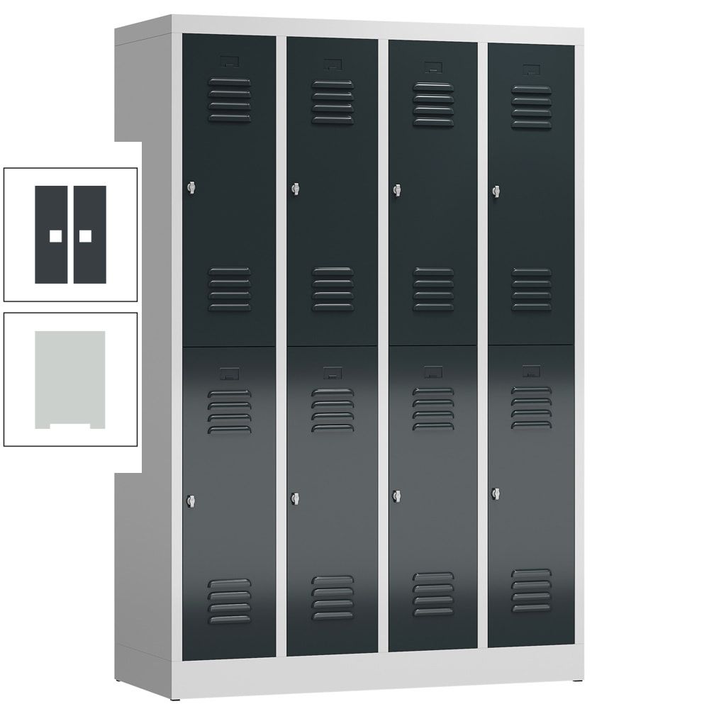 Garderobenschrank, Doppelstockspind, 4 Abteil, 8 Fächer, 1.800 x 1.185 x 500 mm (HxBxT), Stahl, Drehriegel, Korpus: lichtgrau, Front: anthrazitgrau