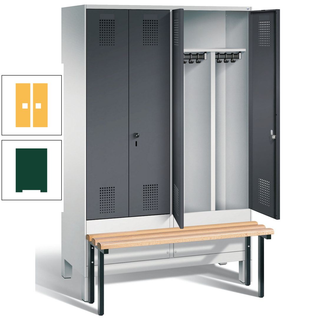 Doppel-Spind, Garderobenschrank, Buche Sitzbank vorgebaut, 4 Abteile a 300 mm, Korpus feuerrot, Tür Wasserblau, 1.850 x 1.200 x 815 mm (HxBxT)