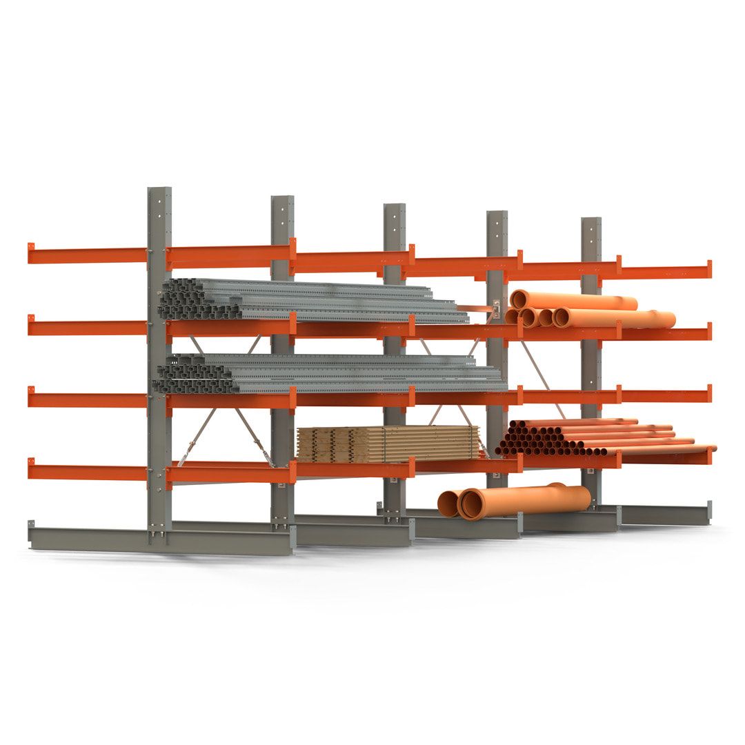 Doppelseitiges Kragarmregal, 2 Felder, 2.000 x 2.560 x 1.120 mm (HxBxT), Nutztiefe 500 mm, Kragarmlast 870 kg, KARL basic, silbergrau/reinorange
