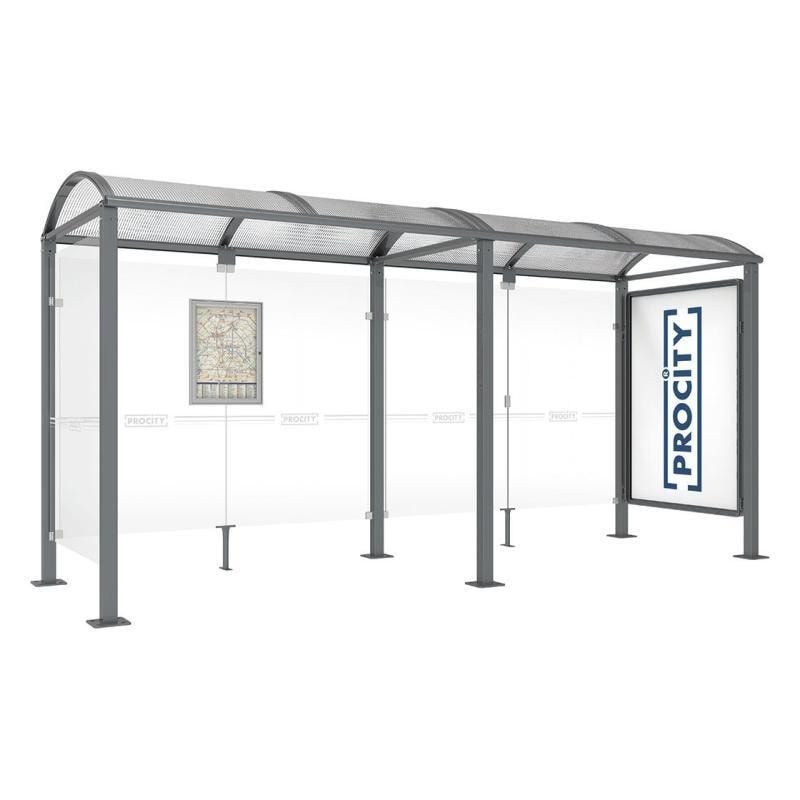 Buswartehalle, Unterstand, 1 Seitenwand, Schaukasten, feuerverzinkt, 2.500 x 2.500 x 1.600 mm (HxBxT), ESG, Fahrplanschaukasten, Farbe enzianblau