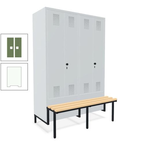 Doppel-Spind, Garderobenschrank, Buche Sitzbank integriert, 4 Abteile 300 mm, Korpus anthrazitgrau, Tür anthrazitgrau, 1.850 x 1.200 x 815 mm (HxBxT)