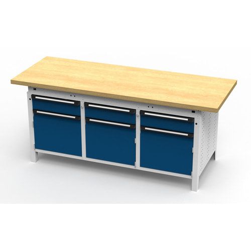OTTOKIND Werkbank - bündige Arbeitsplatte - 850 x 1.695 x 750 mm (HxBxT) - 3 Schubladen - 3 Schränke - lichtgrau