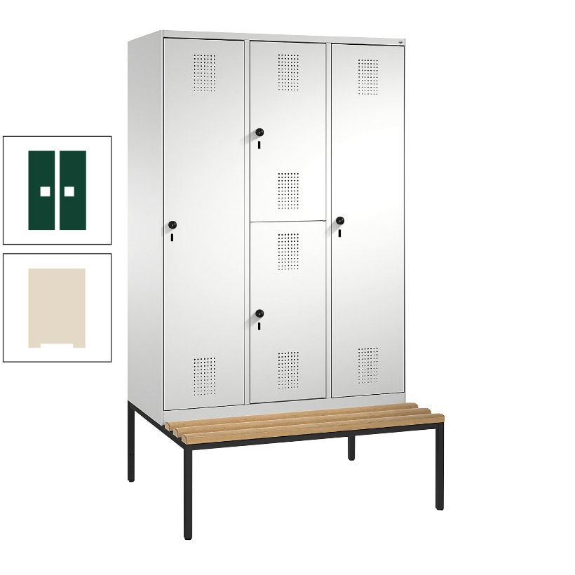 Garderobenschrank, Spind ein- und doppelstöckig Sitzbank, 3 Abteile, 4 Fächer, 2.090x1.200x500 mm (HxBxT), Front anthrazitgrau, Korpus anthrazitgrau