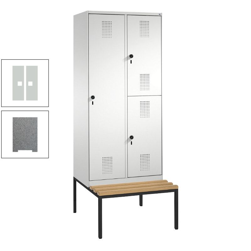 Garderobenschrank, Spind ein- und doppelstöckig Sitzbank, 2 Abteile, 3 Fächer, 2.090 x 800 x 500 mm (HxBxT), Front anthrazitgrau, Korpus anthrazitgrau