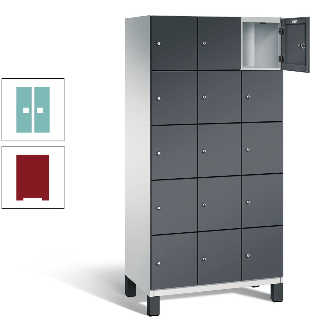 Fächerschrank, Stahlschrank, 15 Fächer, Türöffnungsbegrenzer, Füße, 1.980 x 900 x 525 mm (HxBxT), Korpus anthrazitgrau, Front anthrazitgrau