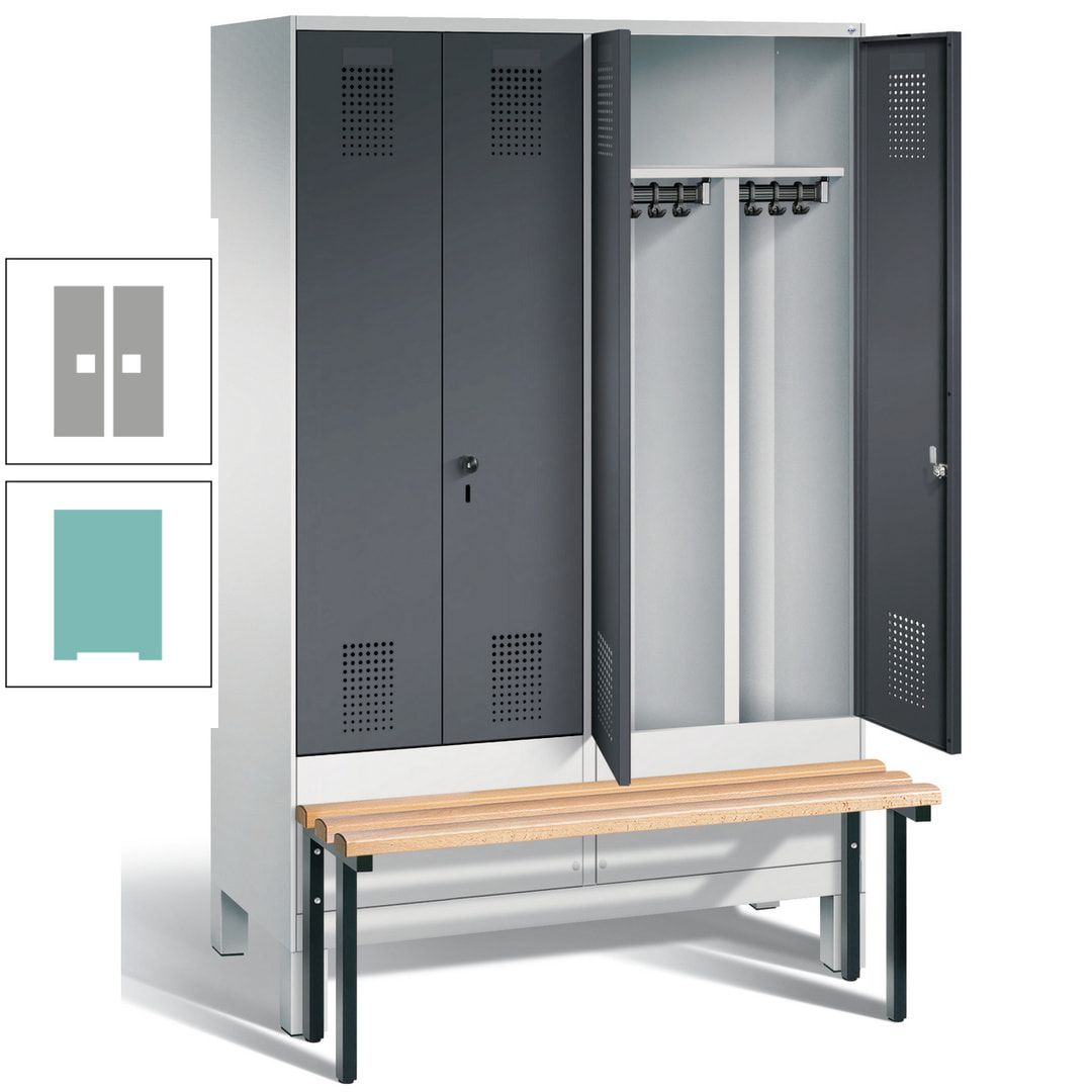 Doppel-Spind, Garderobenschrank, Buche Sitzbank vorgebaut, 4 Abteile a 300 mm, Korpus feuerrot, Tür Wasserblau, 1.850 x 1.200 x 815 mm (HxBxT)