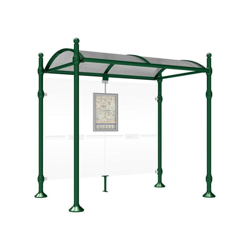 Buswartehalle, Unterstand, 2.500 x 2.500 x 1.600 mm (HxBxT), Kopfmodell Agora, ESG, Fahrplanschaukasten, Farbe enzianblau