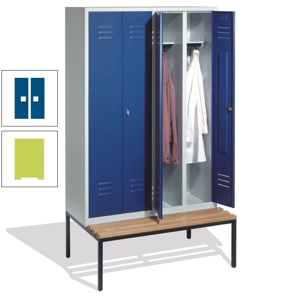 Doppel-Spindschrank, Buche Sitzbank untergebaut, 4 Abteile a 300 mm, Korpus lichtgrau, Tür anthrazitgrau, 2.090 x 1.190 x 815 mm (HxBxT)
