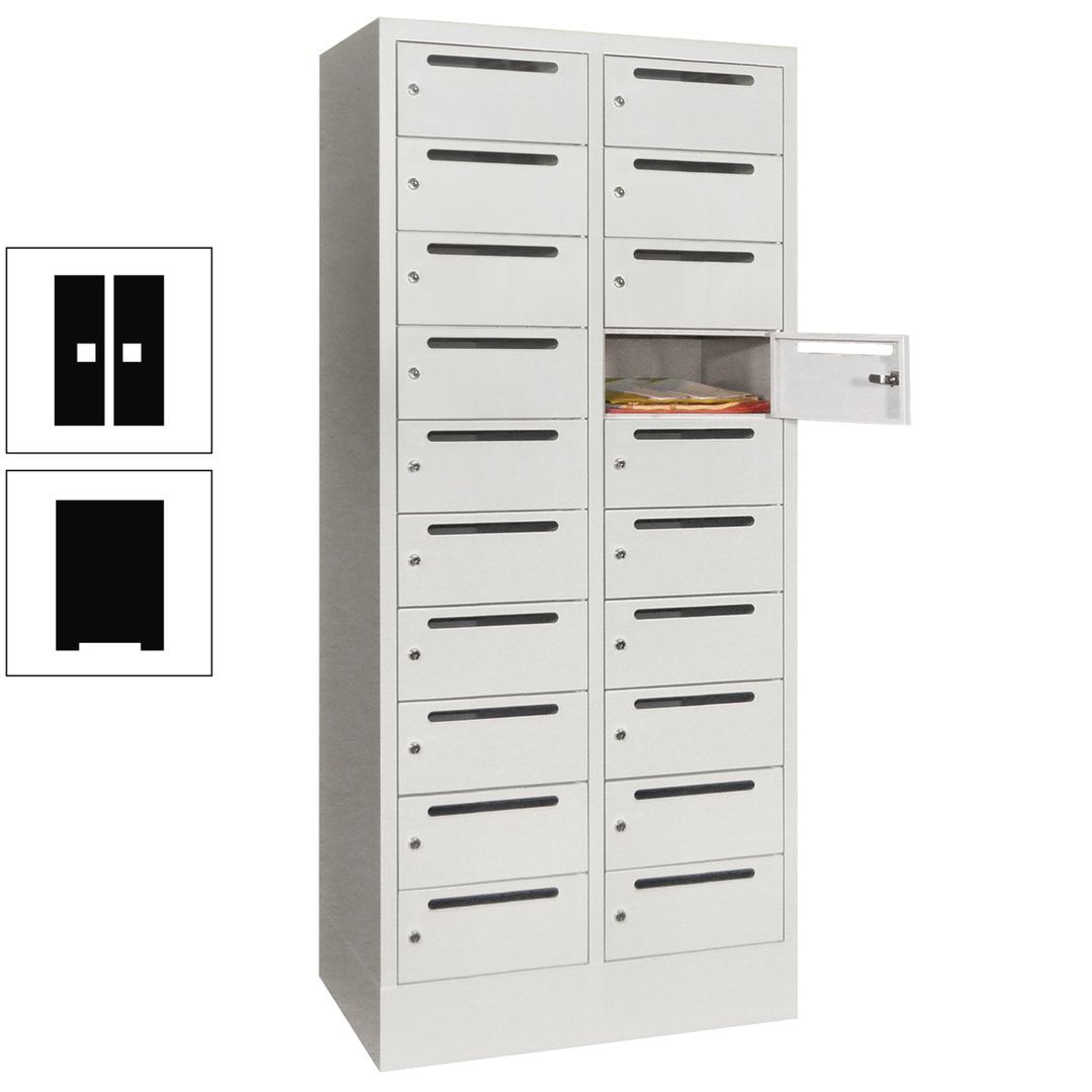Postverteilerschrank, Schließfachschrank, 2 Abteile a 400 mm, 20 Fächer, 1.850 x 800 x 500 mm (HxBxT), Korpus anthrazitgrau, Front anthrazitgrau