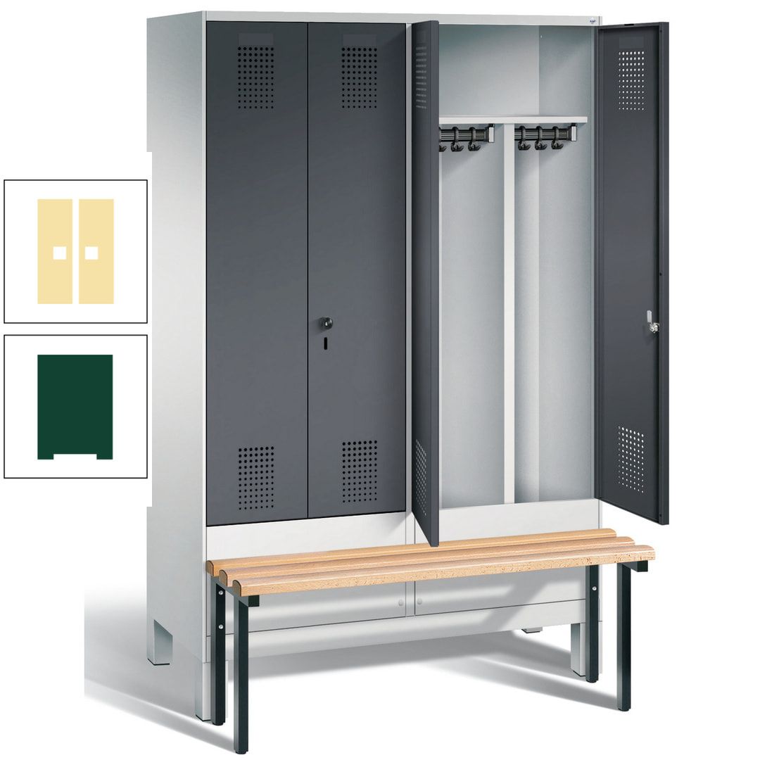 Doppel-Spind, Garderobenschrank, Buche Sitzbank vorgebaut, 4 Abteile a 300 mm, Korpus feuerrot, Tür Wasserblau, 1.850 x 1.200 x 815 mm (HxBxT)