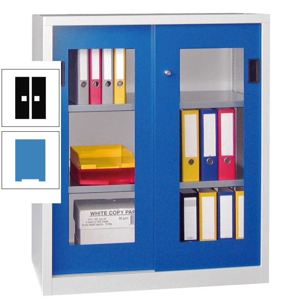 Schiebetürenschrank - Sichtfenstertüren - 1.000x1.000x400 mm (HxBxT) - 2 Böden, gepulvert - Zylinderschloss - anthrazitgrau