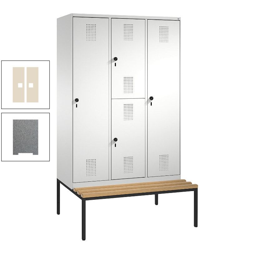 Garderobenschrank, Spind ein- und doppelstöckig Sitzbank, 3 Abteile, 4 Fächer, 2.090x1.200x500 mm (HxBxT), Front anthrazitgrau, Korpus anthrazitgrau