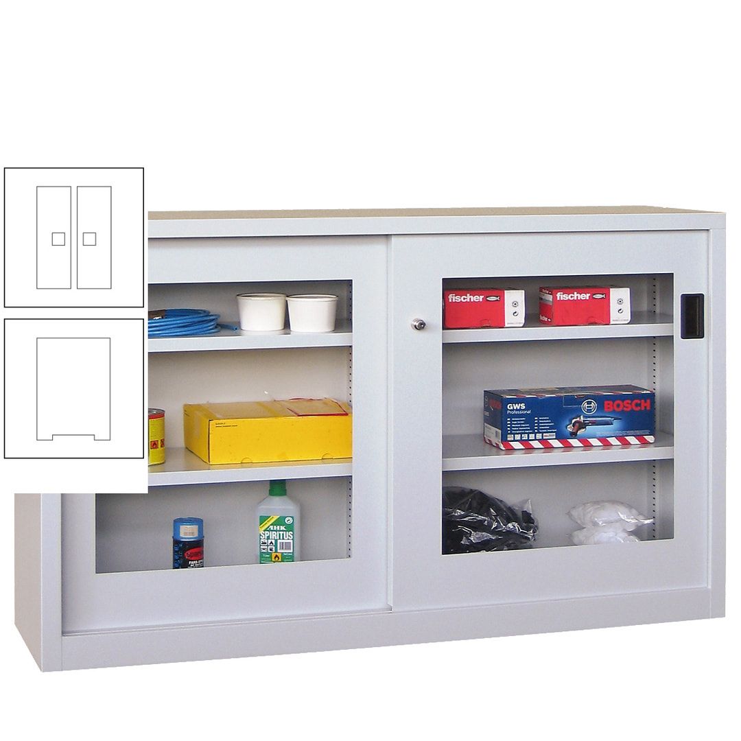 Schiebetürenschrank - Sichtfenstertüren - 1.000x1.500x600 mm (HxBxT) - 4 Böden, verzinkt - Zylinderschloss - anthrazitgrau