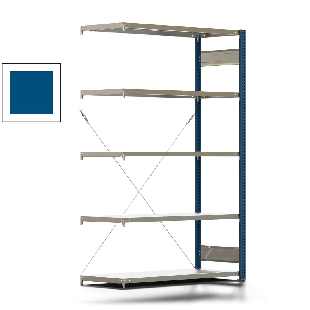 Fachbodenregal mit Tiefenriegel - 350 kg - 2.000 x 1.285 x 526 mm (HxBxT) - Anbauregal - 5 Böden - enzianblau - Lagerregal - Steckregal BERT