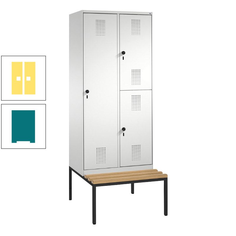 Garderobenschrank, Spind ein- und doppelstöckig Sitzbank, 2 Abteile, 3 Fächer, 2.090 x 800 x 500 mm (HxBxT), Front anthrazitgrau, Korpus anthrazitgrau