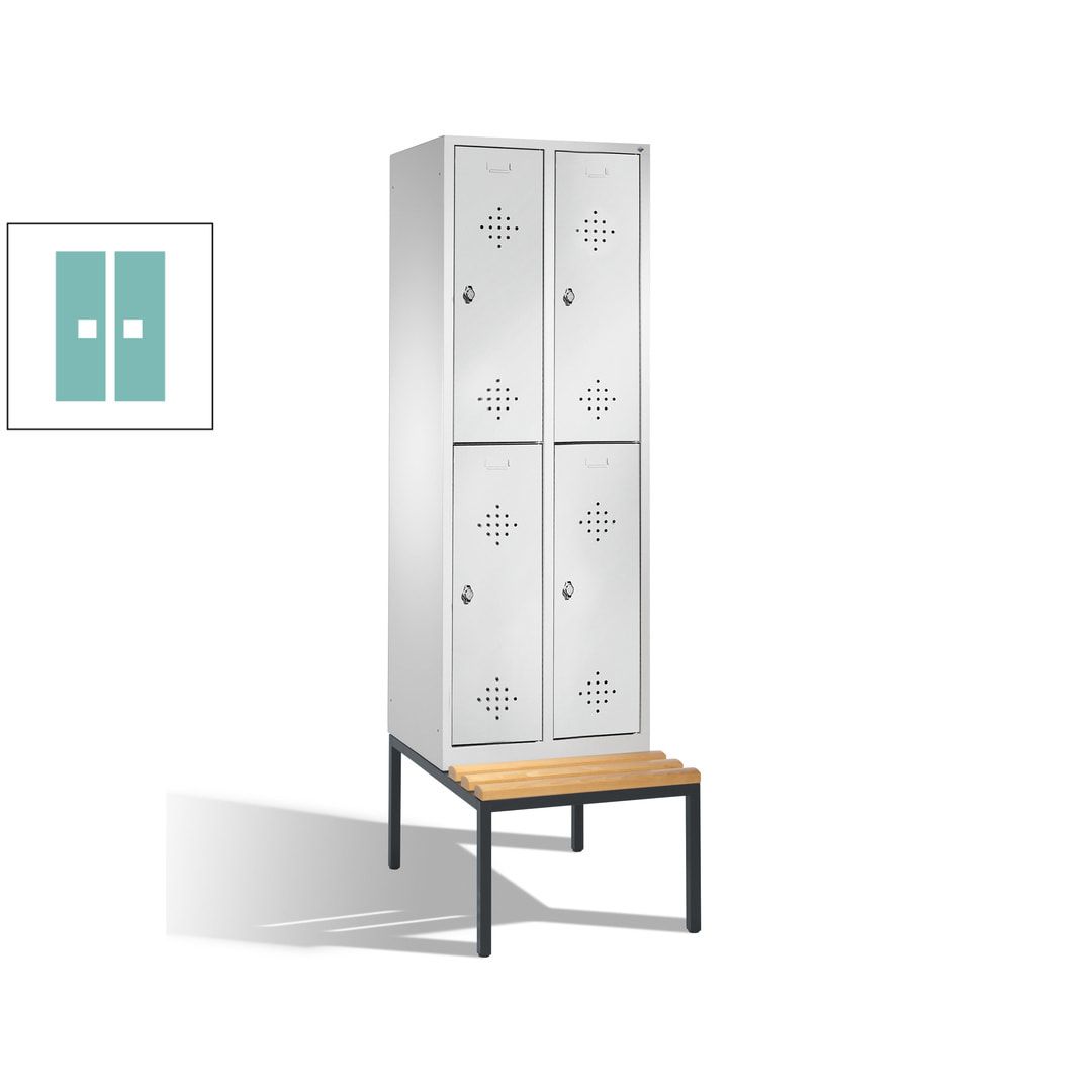 Garderobenschrank, Spind, 2 Abteile, 4 Fächer, 2.090 x 610 x 815 mm (HxBxT), Hartholz Sitzbank untergebaut, Korpus weißaluminium, Türen anthrazitgrau