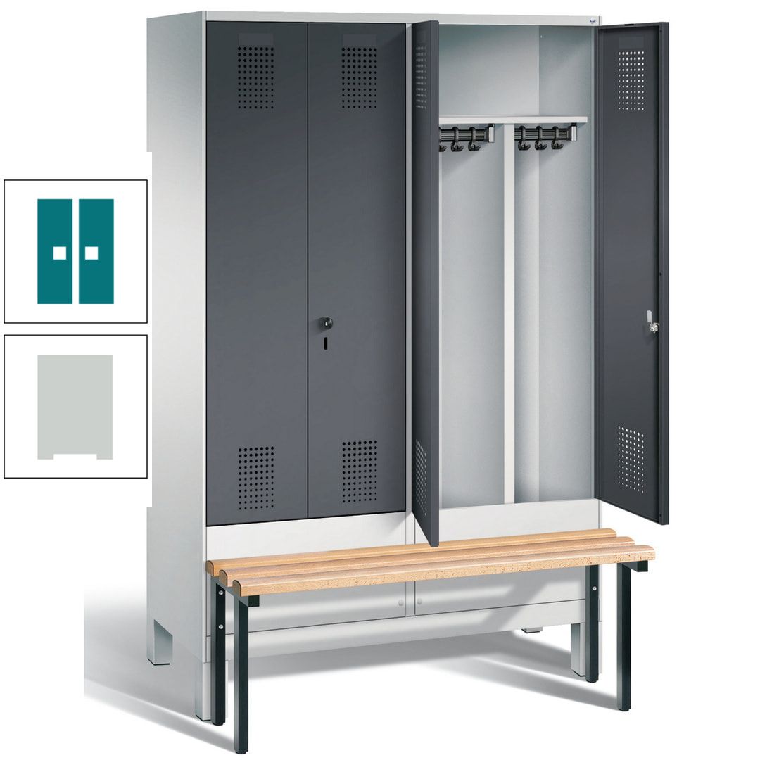 Doppel-Spind, Garderobenschrank, Buche Sitzbank vorgebaut, 4 Abteile a 300 mm, Korpus feuerrot, Tür Wasserblau, 1.850 x 1.200 x 815 mm (HxBxT)