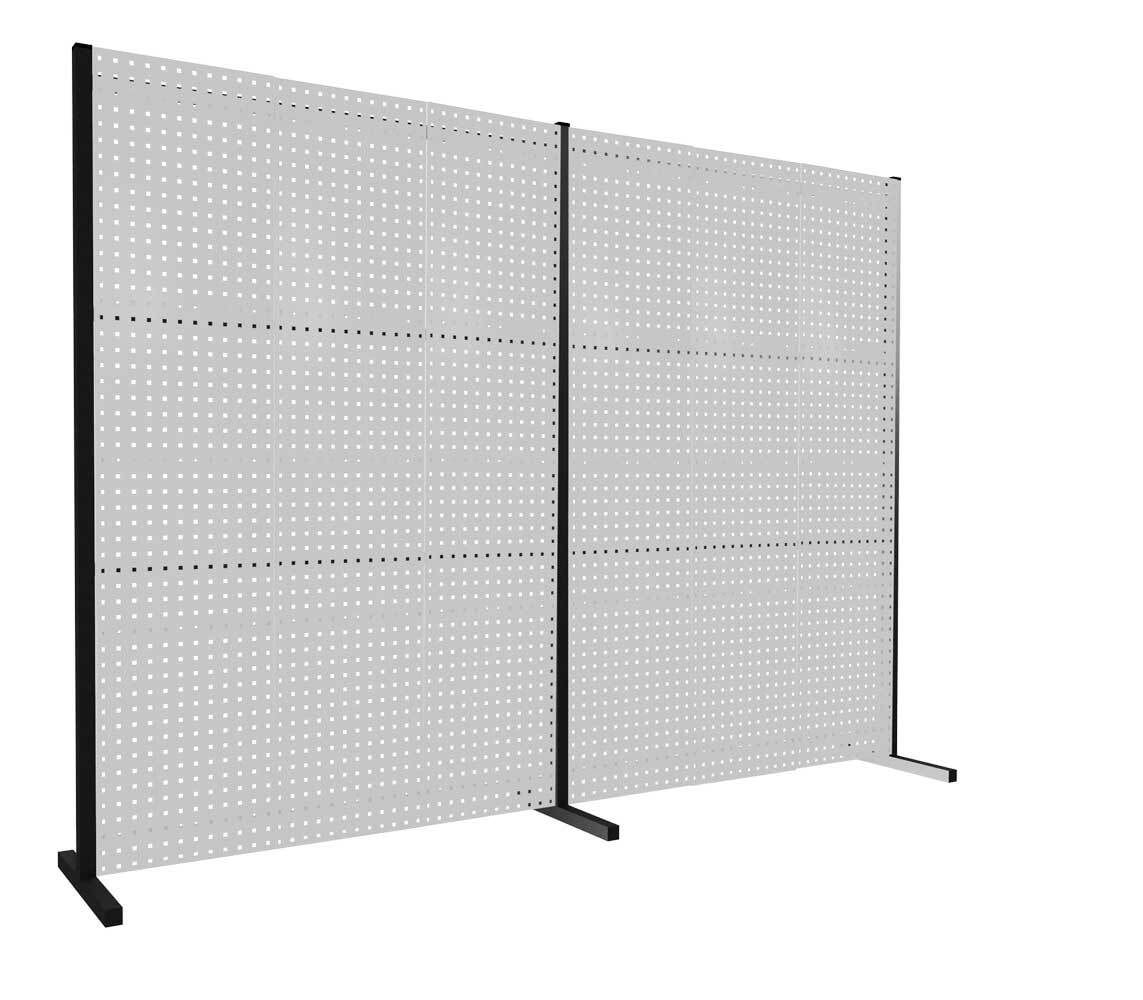Modulare Trennwand, Werkzeugwand, Doppelfeld 180 Grad, 6 Lochplatten, Plattenhöhe 1.500 mm, 2.000 x 3.000 mm (HxB), Anthrazitgrau (RAL 7016)