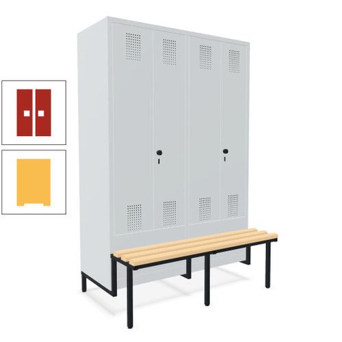 Doppel-Spind, Garderobenschrank, Buche Sitzbank integriert, 4 Abteile 300 mm, Korpus anthrazitgrau, Tür anthrazitgrau, 1.850 x 1.200 x 815 mm (HxBxT)