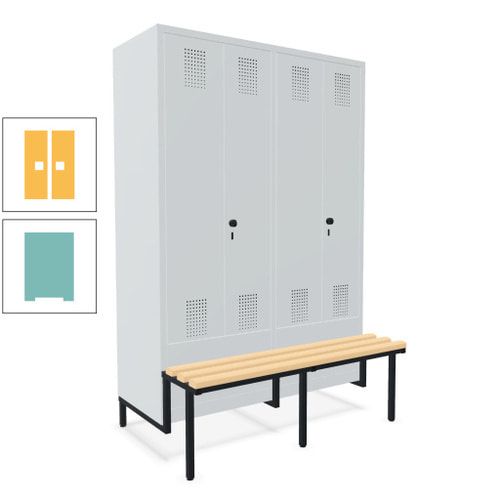 Doppel-Spind, Garderobenschrank, Buche Sitzbank integriert, 4 Abteile 300 mm, Korpus anthrazitgrau, Tür anthrazitgrau, 1.850 x 1.200 x 815 mm (HxBxT)