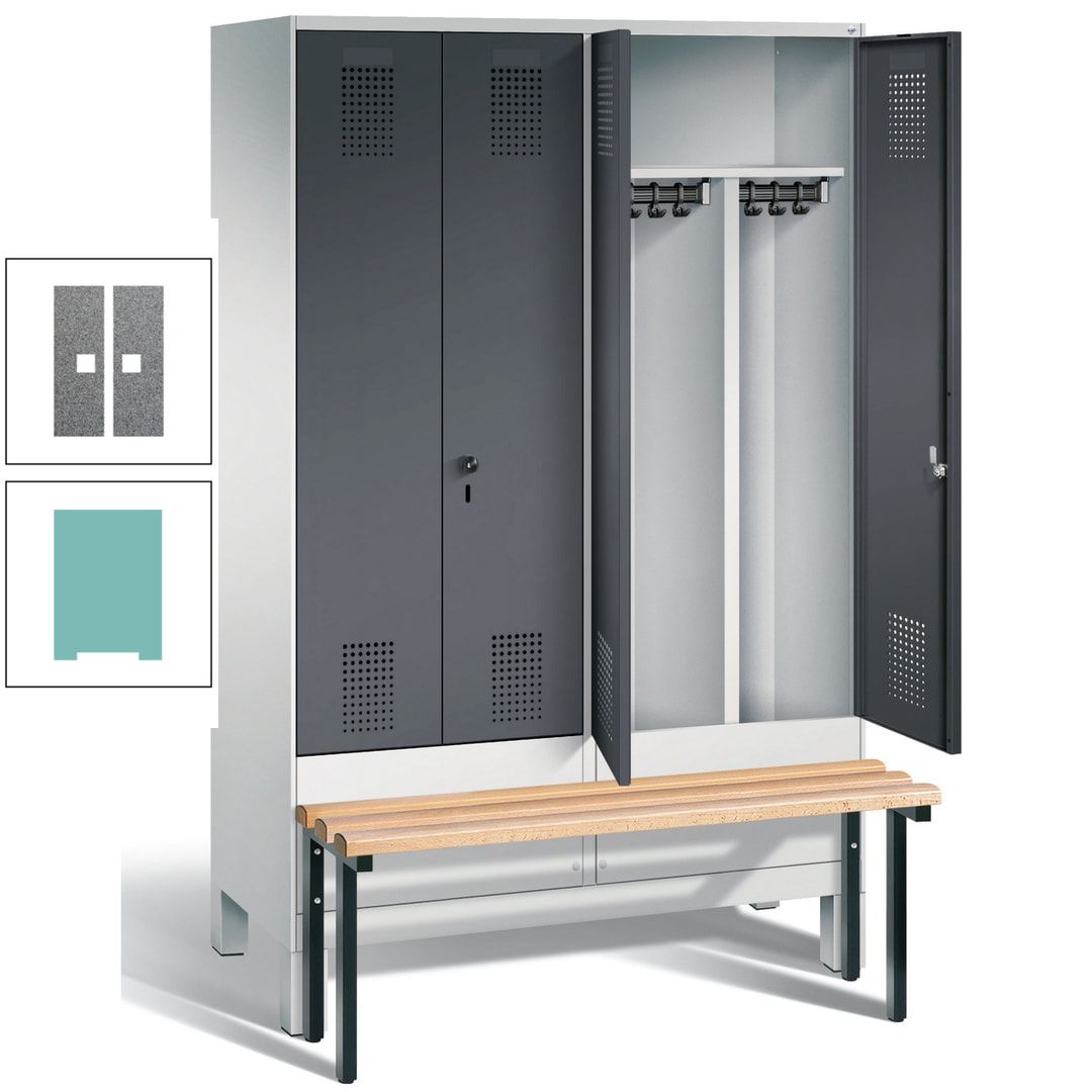Doppel-Spind, Garderobenschrank, Buche Sitzbank vorgebaut, 4 Abteile a 300 mm, Korpus feuerrot, Tür Wasserblau, 1.850 x 1.200 x 815 mm (HxBxT)