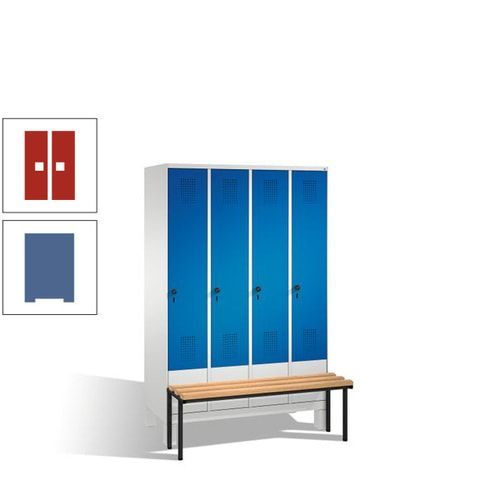 Stahl-Garderobenschrank, Spind, Buche Sitzbank vorgebaut, 4 Abteile a 300 mm, Korpus Lichtgrün, Tür Schwefelgelb, 1.850 x 1.200 x 815 mm (HxBxT)