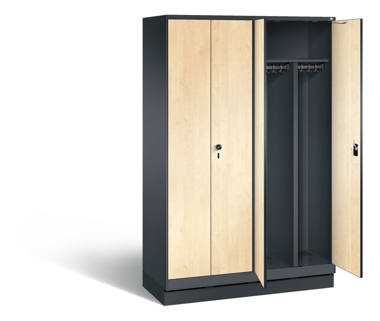 Doppel-Spind, Garderobenschrank auf Sockel, 2 Abteile a 300 mm, Korpus anthrazitgrau, Tür Dekorfront HPL Donau-Ahorn, 1.800 x 1.200 x 500 mm (HxBxT)