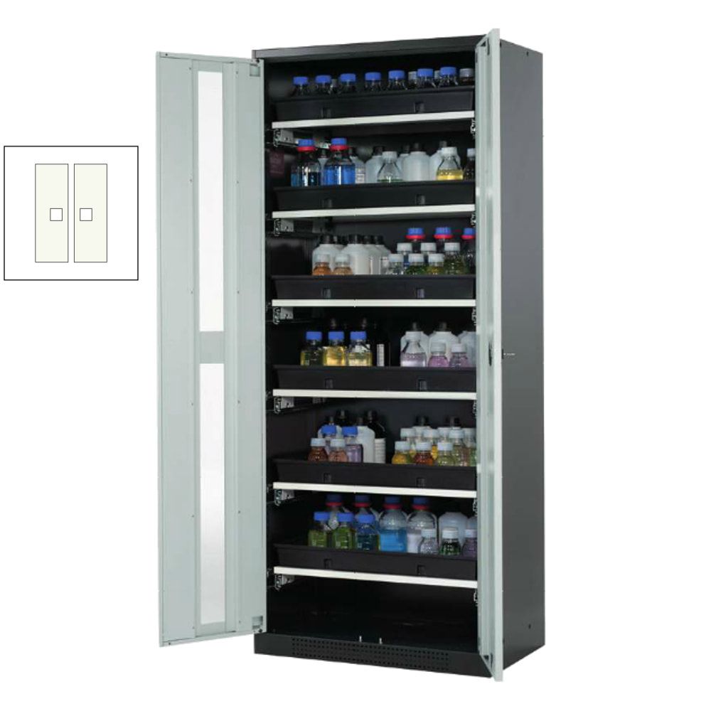 Chemikalienschrank - Flügeltüren - 4 Tablarauszüge - 1.950 x 810 x 520 mm (HxBxT) - anthrazitgrau/enzianblau
