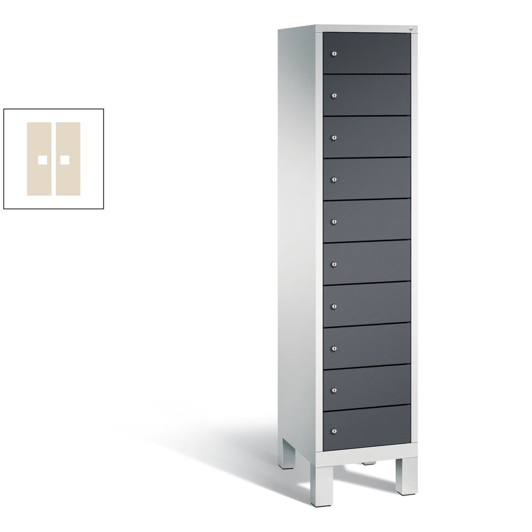 Laptopschrank, Tabletschrank, Computerschrank auf Füßen, 10 Fächer, 1.850 x 420 x 500 mm (HxBxT), Korpus gelborange, Tür anthrazitgrau