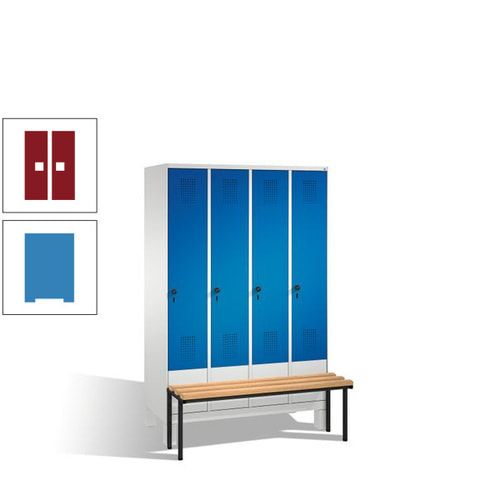 Stahl-Garderobenschrank, Spind, Buche Sitzbank vorgebaut, 4 Abteile a 300 mm, Korpus Lichtgrün, Tür Schwefelgelb, 1.850 x 1.200 x 815 mm (HxBxT)