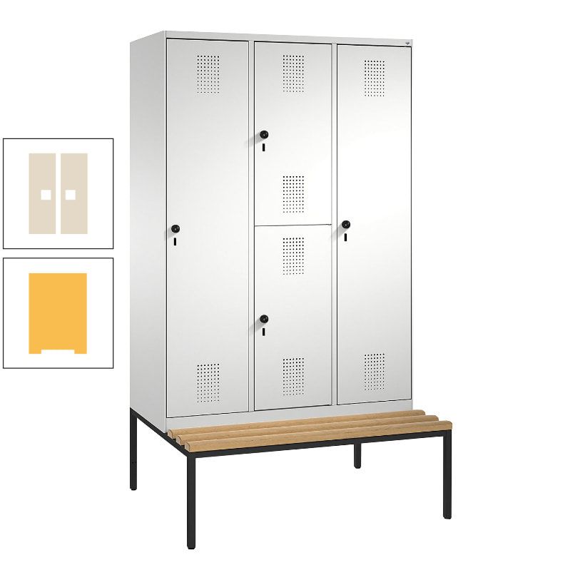 Garderobenschrank, Spind ein- und doppelstöckig Sitzbank, 3 Abteile, 4 Fächer, 2.090x1.200x500 mm (HxBxT), Front anthrazitgrau, Korpus anthrazitgrau