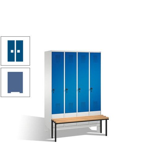 Stahl-Garderobenschrank, Spind, Buche Sitzbank vorgebaut, 4 Abteile a 300 mm, Korpus Lichtgrün, Tür Schwefelgelb, 1.850 x 1.200 x 815 mm (HxBxT)