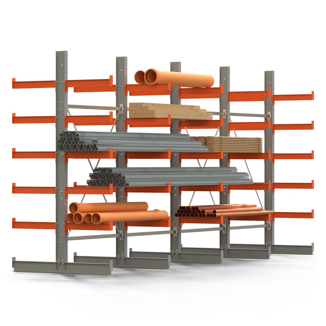 Doppelseitiges Kragarmregal, 2 Felder, 2.500 x 2.560 x 1.120 mm (HxBxT), Nutztiefe 500 mm, Kragarmlast 870 kg, KARL basic, silbergrau/reinorange