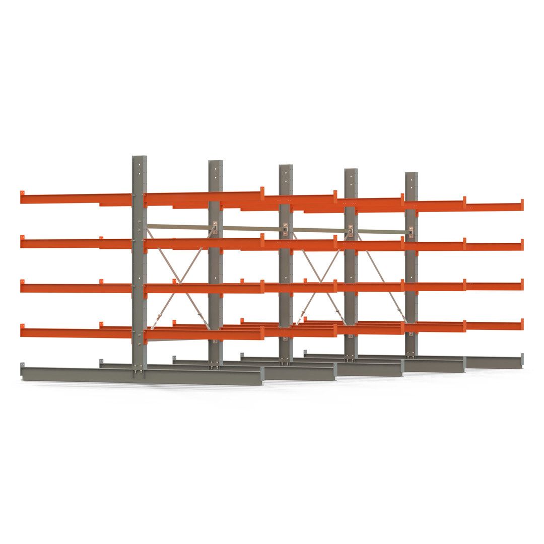 Doppelseitiges Kragarmregal, 2 Felder, 2.000 x 2.560 x 1.120 mm (HxBxT), Nutztiefe 500 mm, Kragarmlast 870 kg, KARL basic, silbergrau/reinorange