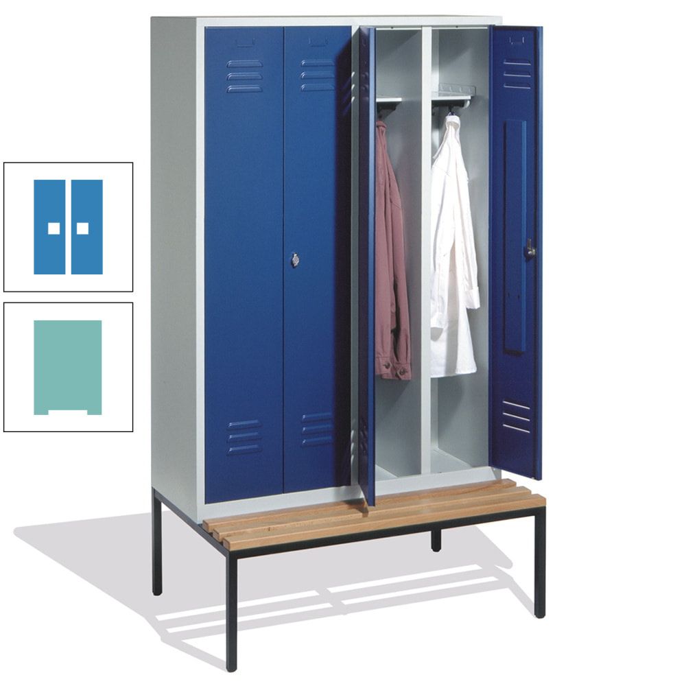 Doppel-Spindschrank, Buche Sitzbank untergebaut, 4 Abteile a 300 mm, Korpus lichtgrau, Tür anthrazitgrau, 2.090 x 1.190 x 815 mm (HxBxT)