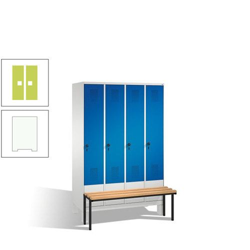 Stahl-Garderobenschrank, Spind, Buche Sitzbank vorgebaut, 4 Abteile a 300 mm, Korpus Lichtgrün, Tür Schwefelgelb, 1.850 x 1.200 x 815 mm (HxBxT)